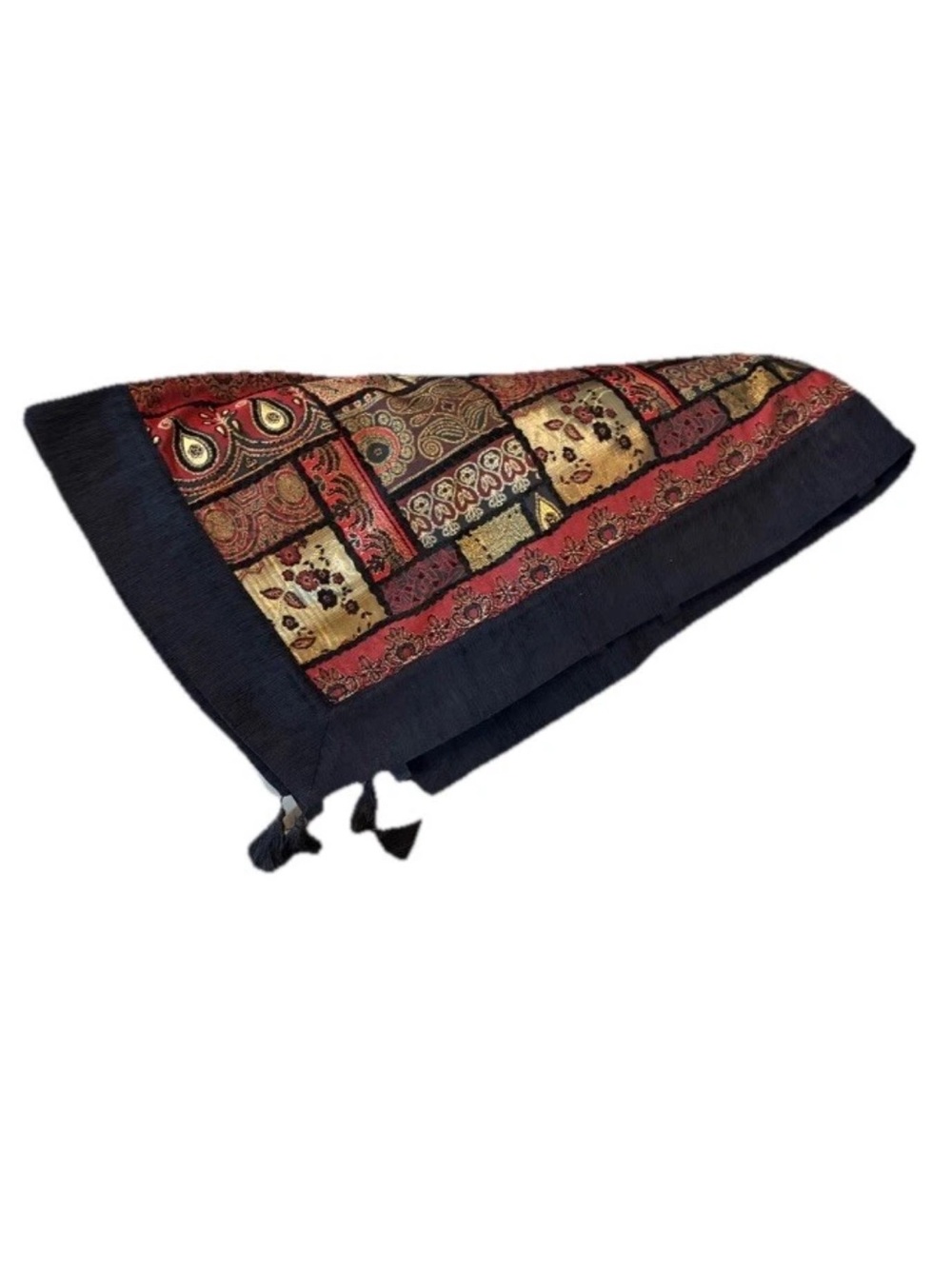 Patchwork Paisley Border Scarf in Navy, Red, Gold